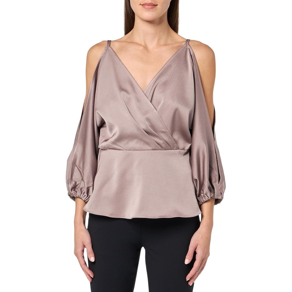 Trina Turk Mixology Satin Cold Shoulder Peplum Blouse in Chanterelle NWT Sz L
